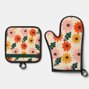 Colored floral pattern oven mitt & pot holder set