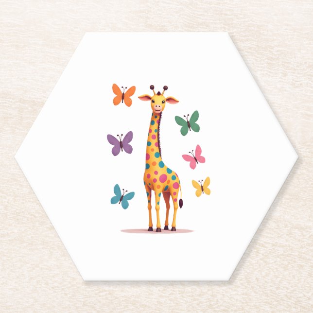 colored giraffe colorful butterflies giraffe Lover Paper Coaster (Front)