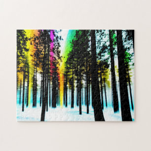 Colored Lights Through Black Silhouette Forest Jigsaw Puzzle