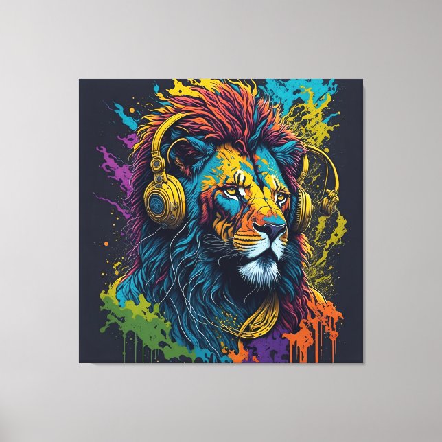 colored lion with headphones canvas print (Front)