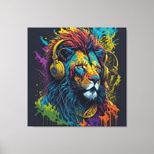 colored lion with headphones canvas print