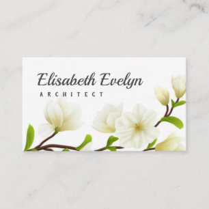 Colored realistic white magnolia flower compositio business card