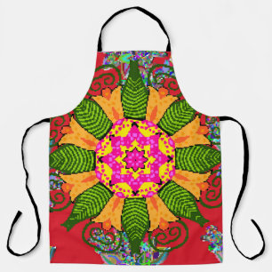 Colored round floral mandala on a red, green and apron