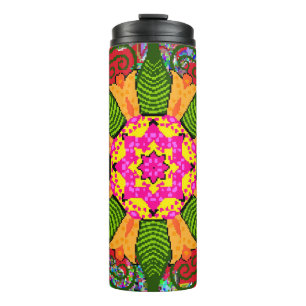 Colored round floral mandala on a red, green and thermal tumbler