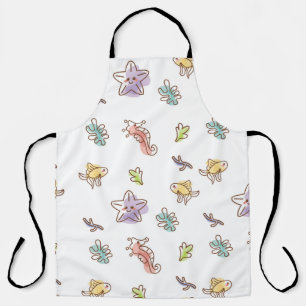 Colored sealife pattern with seastars and fishes v apron