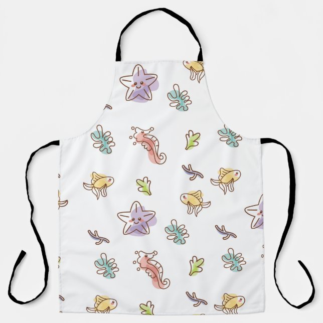 Colored sealife pattern with seastars and fishes v apron (Front)