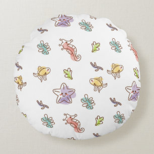 Colored sealife pattern with seastars and fishes v round cushion