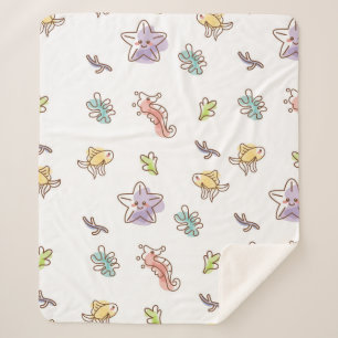 Colored sealife pattern with seastars and fishes v sherpa blanket
