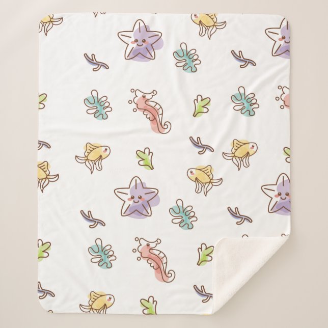 Colored sealife pattern with seastars and fishes v sherpa blanket (Front)