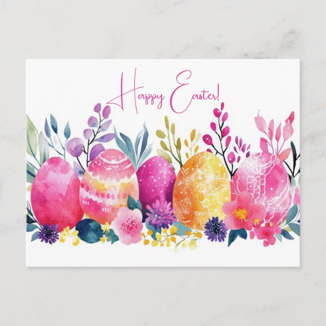 Colored watercolor postcard with Easter eggs (Front)