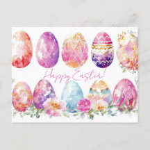 Colored watercolor postcard with Easter eggs