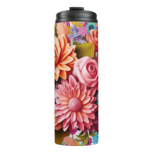 Colorful 3D flowers Pink and Orange Thermal Tumbler