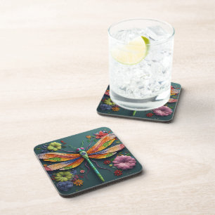 COLORFUL 3D LOOK DRAGONFLY & FLOWERS COASTER