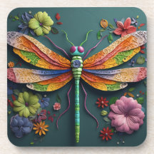 COLORFUL 3D LOOK DRAGONFLY & FLOWERS