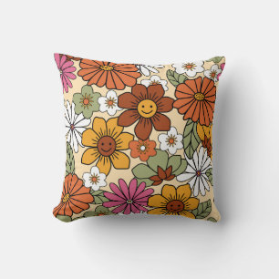 Colorful 70s style retro floral pattern. Vintage b Cushion