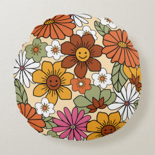 Colorful 70s style retro floral pattern. Vintage b Round Cushion