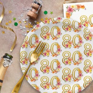 Colorful 80th Birthday Floral Gold Number 80 Party Paper Plate