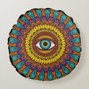 Colorful 90s Mandala Art -Trippy Third Eye Graphic Round Cushion