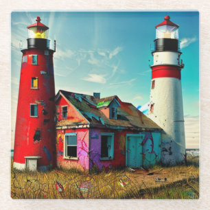 Colorful Abandoned Lighthouses on a Beach Glass Coaster