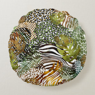 Colorful abstract animal jungle round cushion