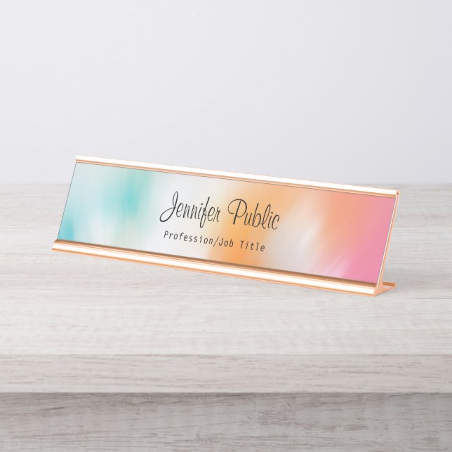 Colorful Abstract Art Modern Handwritten Script Desk Name Plate (Front)