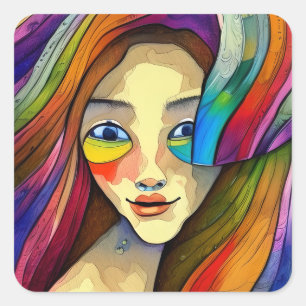 Colorful Abstract Art Pretty Girl Square Sticker