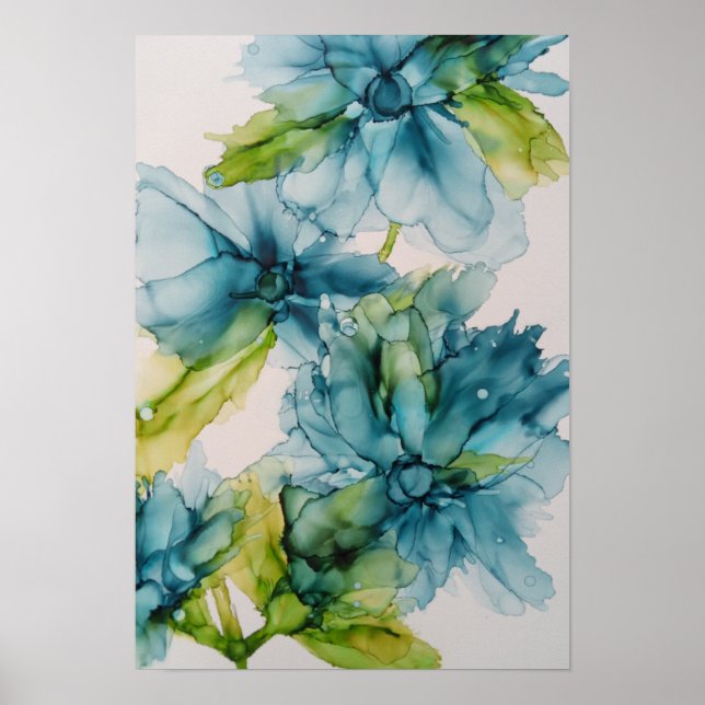 Colorful Abstract Blue and Green Floral Art  Poster (Front)