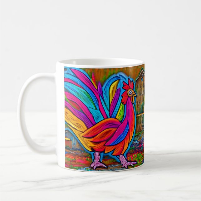 Colorful Abstract Cartoon Barn Rooster Coffee Mug (Left)