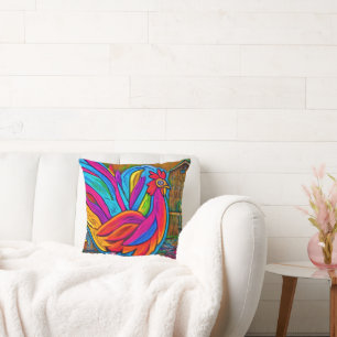 Colorful Abstract Cartoon Barn Rooster Cushion
