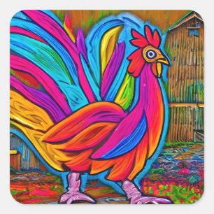 Colorful Abstract Cartoon Barn Rooster Square Sticker