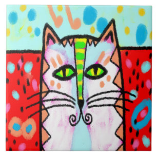 Colorful Abstract Cat Art Tile