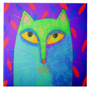 Colorful Abstract Cat Digital Painting Tile
