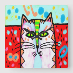 Colorful Abstract Cat Painting Square Wall Clock