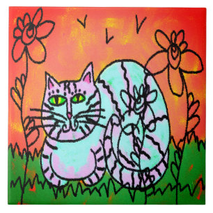Colorful Abstract Digital Cat Painting Tile