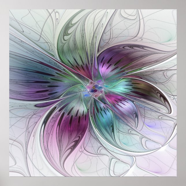 Colorful Abstract Flower Modern Floral Fractal Art Poster (Front)