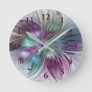 Colorful Abstract Flower Modern Floral Fractal Art Round Clock