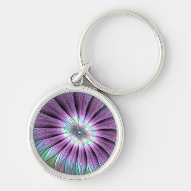 Colorful Abstract Flower Pink Blue Green Fractal Key Ring (Front)