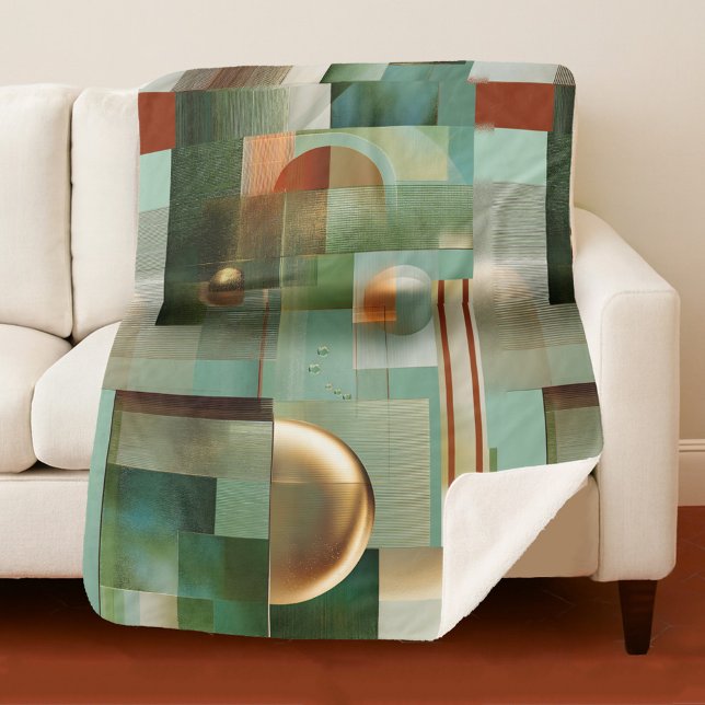 Colorful Abstract Modern Art Pattern Sherpa Blanket (Sherpa blanket featuring a modern abstract design in green, teal and gold)
