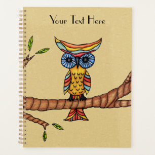 Colorful Abstract Owl Blue Eyes on Branch Tan Planner