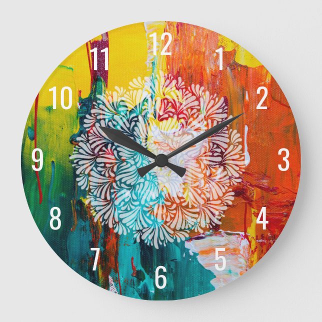 Colorful Abstract Painting with Petals Mandala Large Clock (Front)