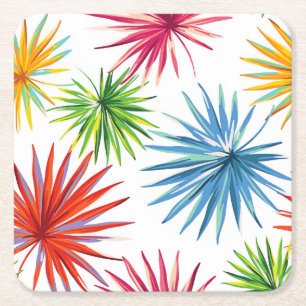 Colorful Abstract Palm Burst Square Paper Coaster