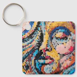 Colorful abstract pixel face key ring