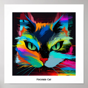 Colorful abstract pop art cat with eyes focused poster