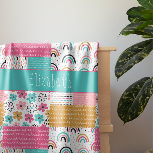 Colorful Abstract Rainbow Flower Patchwork Sherpa Blanket