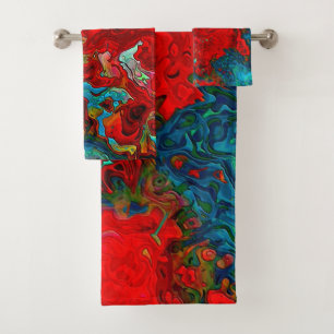 Colorful Abstract Red, Blue & Green Fluid Swirls Bath Towel Set