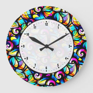 Colorful Abstract Swirls Stained Glass Look Large Clock