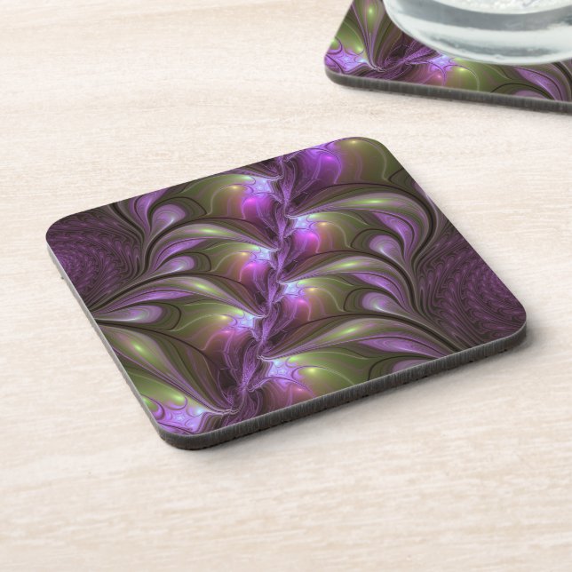 Colorful Abstract Violet Purple Khaki Fractal Art Coaster (Left Side)