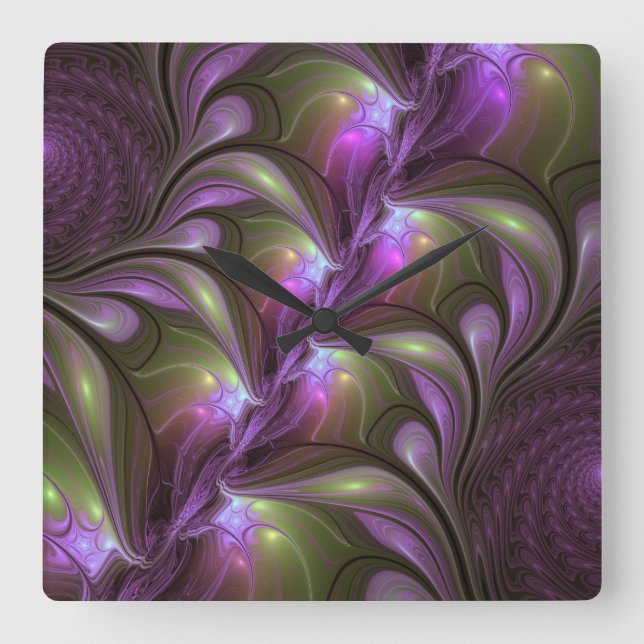 Colorful Abstract Violet Purple Khaki Fractal Art Square Wall Clock (Front)