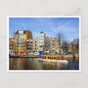 Colorful Amsterdam Canal Houses & Boat Postcard
