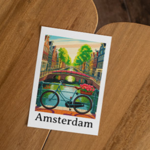 Colorful Amsterdam Holland Canal City Retro Travel Postcard